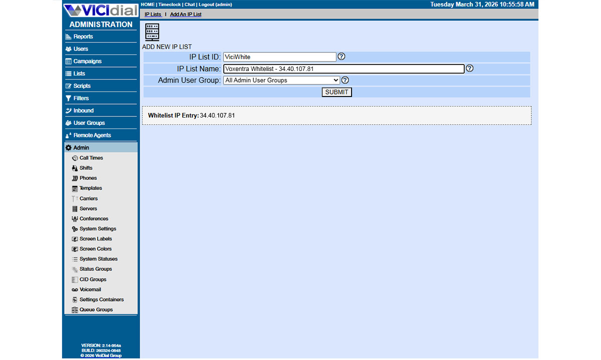 IP Lists page — ViciWhite created with 34.40.107.81