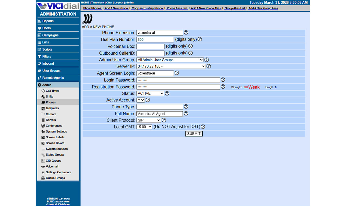 Add New Phone form filled with voxentra-ai, 800, SIP